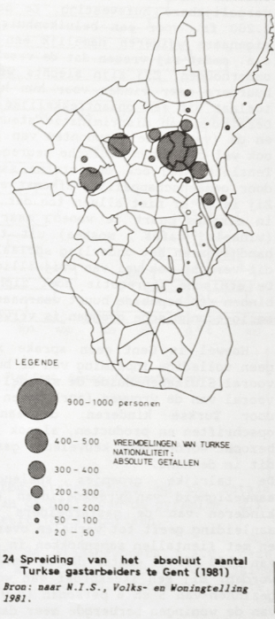 Concentratie van Turkse immigranten in Gent, 1981 uit: Vanneste D. (1985), Gent, een geografische gids, Leuven: Instituut voor Sociale en Economische Geografie Concentratie van Turkse immigranten in Gent, 1981 uit: Vanneste D. (1985), Gent, een geografische gids, Leuven: Instituut voor Sociale en Economische Geografie